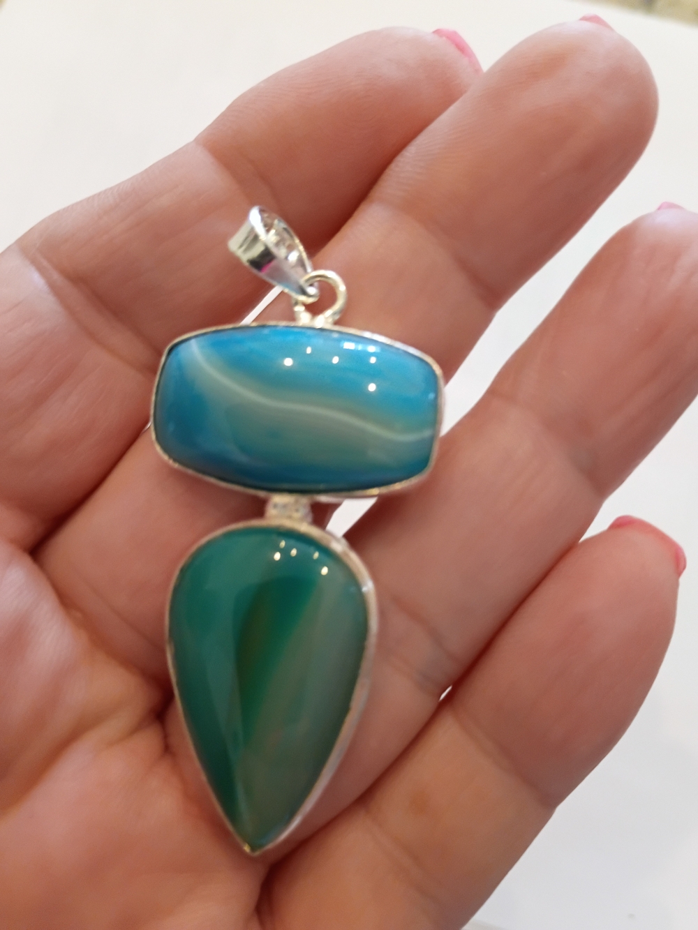 Silver Teal & Aqua Double Stone Pendant Beautiful Colors!